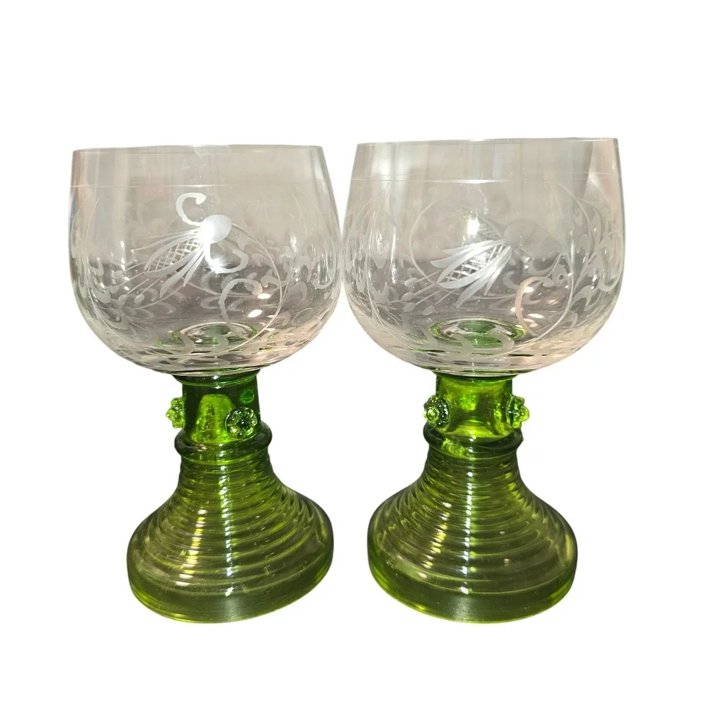 Vintage Etched Crystal Stemware Wine Glasses Green Pedestal Set‎ of 2 Swan Motif